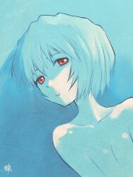 Rule 34 | 1girl, artist name, ayanami rei, bare shoulders, blue background, blue hair, blue theme, breasts, breasts squeezed together, cleavage, close-up, collarbone, commentary, gradient background, hair between eyes, kikumaru bunta, looking at viewer, neon genesis evangelion, no nipples, nude, parted lips, portrait, red eyes, shaded face, short hair, signature, small breasts, solo, translated, upper body, very short hair