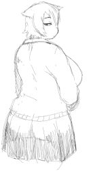 Rule 34 | 1girl, ass, breasts, expressionless, from behind, fuchibeppu chiyuri, greyscale, hair flaps, huge breasts, looking at viewer, monochrome, original, plump, pointy hair, see-through, short hair, sketch, solo, sweater vest, thick thighs, thighs, tsukudani (coke-buta)