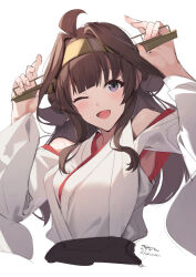 Rule 34 | 1girl, absurdres, ahoge, breasts, brown hair, cropped torso, detached sleeves, double bun, hair bun, headgear, highres, japanese clothes, kantai collection, kokenashi, kongou (kancolle), long hair, looking at viewer, medium breasts, nontraditional miko, one eye closed, open mouth, purple eyes, simple background, solo, upper body, white background, wide sleeves