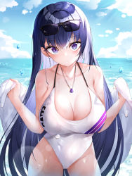 Rule 34 | 1girl, :o, absurdres, beach, blue sky, blush, breasts, cleavage, cloud, collarbone, commentary, covered navel, cowboy shot, day, english commentary, eyewear on head, gr greeze, hair between eyes, highres, honkai (series), honkai impact 3rd, horizon, jewelry, large breasts, long hair, looking at viewer, necklace, ocean, one-piece swimsuit, outdoors, parted lips, purple eyes, purple hair, raiden mei, sarong, sky, solo, standing, sunglasses, swimsuit, very long hair, water drop, wet, white one-piece swimsuit, white sarong