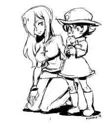 Rule 34 | 2girls, age difference, blush, boots, breasts, child, cross, cross necklace, greyscale, hair over one eye, happy, ice cream cone, inverted cross, jewelry, kinuko (kinucakes), kneeling, large breasts, long hair, miniskirt, monochrome, multiple girls, necklace, parasoul (skullgirls), raincoat, rubber boots, short hair, siblings, simple background, sisters, sketch, skirt, skullgirls, smile, umbrella (skullgirls), white background