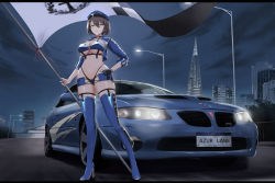 Rule 34 | 1girl, absurdres, azur lane, baltimore (azur lane), baltimore (finish line flagbearer) (azur lane), blue footwear, blue hat, boots, breasts, brown hair, building, car, character name, cityscape, cleavage, commentary request, copyright name, flag, full body, hand on own hip, hat, headlight, highres, holding, holding flag, holding pole, kcar66t, lamppost, large breasts, license plate, light, motor vehicle, navel, night, night sky, official alternate costume, outdoors, pole, pontiac, pontiac gto, race queen, short hair, sky, skyscraper, solo, sports car, standing, star (sky), starry sky, thigh boots, thigh strap, underboob, vehicle focus, yellow eyes
