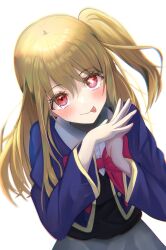 Rule 34 | 1girl, black vest, blonde hair, blue jacket, blush, bow, buttons, chromatic aberration, closed mouth, collared shirt, commentary request, cropped jacket, grey skirt, hair between eyes, hoshino ruby, jacket, long hair, long sleeves, oshi no ko, pink bow, pink ribbon, red eyes, ribbon, school uniform, shirt, side ponytail, simple background, skirt, solo, star-shaped pupils, star (symbol), symbol-shaped pupils, tongue, tongue out, user wfhs8325, vest, white background, white shirt, youtou high school uniform
