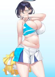 Rule 34 | 1girl, absurdres, bare arms, bare shoulders, bifizu&#039;s gold, black hair, blue-framed eyewear, blue archive, blue background, breasts, chihiro (blue archive), commentary request, cosplay, cowboy shot, crop top, glasses, gradient background, grey eyes, highres, huge breasts, midriff, millennium cheerleader outfit (blue archive), miniskirt, navel, plump, pom pom (cheerleading), short hair, skirt, solo, standing, stomach, thighs, undersized clothes, white skirt