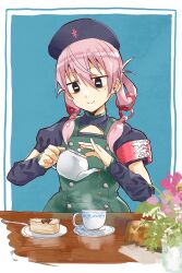 Rule 34 | 1girl, apron, armband, bags under eyes, beret, black eyes, blue background, cup, detached sleeves, flower, green apron, hair rings, hat, heart o-ring, highres, okiru, original, pink hair, pouring, puffy short sleeves, puffy sleeves, saucer, short sleeves, smile, solo, table, tea, tea set, teacup, teapot