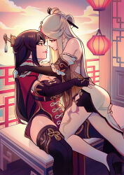 Rule 34 | 2girls, ass, bare shoulders, beidou (genshin impact), black gloves, black hair, black thighhighs, breasts, cleavage, commentary, eye contact, face-to-face, fingerless gloves, genshin impact, gloves, hair ornament, hair stick, hand on another&#039;s shoulder, hand on another&#039;s thigh, hand on another&#039;s waist, high heels, highres, imminent kiss, jellypon, leg tattoo, lipstick, looking at another, makeup, medium breasts, multiple girls, ningguang (genshin impact), red eyes, red lips, sitting, smile, sunset, tattoo, thighhighs, thighs, yuri