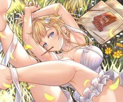 Rule 34 | 1girl, absurdres, arms up, bare arms, bare shoulders, blonde hair, breasts, bridal garter, cleavage, food, food in mouth, frilled garter, from above, grass, hair ornament, highres, hololive, hololive english, honkivampy, jewelry, key, key necklace, large breasts, legs up, looking at viewer, lying, mole, mole on breast, mouth hold, necklace, on back, pocky, pocky in mouth, short hair, sidelocks, solo, thighs, virtual youtuber, watson amelia, white garter