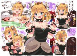 Rule 34 | 1boy, 2girls, armlet, bare shoulders, bathing, black dress, blonde hair, blue eyes, blue gemstone, blush, bouquet, bowser jr., bowsette, bowsette jr., bracelet, breasts, claw pose, collar, commentary request, crown, door, dress, earrings, facial hair, floating breasts, flower, gem, goomba, hat, highres, horns, jewelry, joy-con, koopa troopa, large breasts, mario, mario (series), mask, mother and daughter, multiple girls, mustache, new super mario bros. u deluxe, nintendo, nude, partially submerged, piranha plant, pointy ears, ponytail, red hat, sharp teeth, shy guy, spiked armlet, spiked bracelet, spiked collar, spikes, strapless, strapless dress, super crown, suzuki toto, teeth, translation request, turtle shell, water