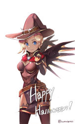 Rule 34 | 1girl, bad id, bad pixiv id, belt, blonde hair, blue eyes, capelet, dress, earrings, elbow gloves, gloves, halloween, halloween costume, hat, highres, jewelry, looking at viewer, mechanical wings, mercy (overwatch), official alternate costume, overwatch, overwatch 1, pelvic curtain, short hair, smile, solo, suou-sensei, thighhighs, wings, witch, witch hat, witch mercy
