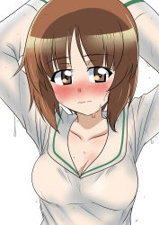 Rule 34 | 1girl, absurdres, arms up, blouse, breasts, brown eyes, brown hair, closed mouth, commentary, frown, girls und panzer, highres, long sleeves, looking at viewer, medium breasts, nishizumi miho, no neckwear, ooarai school uniform, sailor collar, school uniform, shirt, short hair, simple background, solo, upper body, wakku kan, wet, wet clothes, wet shirt, white background, white sailor collar, white shirt