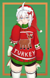 Rule 34 | 1girl, ahoge, blue eyes, blush, bow, christmas, closed mouth, clothes writing, fangs, fur-trimmed headwear, fur trim, green background, hair between eyes, hair bow, hair ribbon, hand up, hat, long sleeves, looking at viewer, luna (unsomnus), original, pointy ears, red bow, red hat, red ribbon, red sweater, ribbon, ribbon-trimmed legwear, ribbon-trimmed thighhighs, ribbon trim, santa hat, short hair, shorts, smile, solo, sweater, thighhighs, turtleneck, turtleneck sweater, unsomnus, vampire, white hair, white thighhighs
