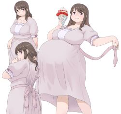 Rule 34 | 1girl, :q, arm behind back, back bow, big belly, blush, bow, breasts, brown hair, character request, closed mouth, collarbone, commentary request, copyright request, crepe, dot nose, dress, fake pregnancy, feet out of frame, food, fruit, head tilt, holding, holding food, katou (katohayabusa), large breasts, long hair, looking at viewer, looking back, multiple views, open mouth, outstretched arm, purple eyes, short sleeves, sidelocks, simple background, strawberry, tareme, tongue, tongue out, white background