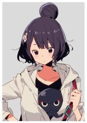 Rule 34 | 1girl, alternate hairstyle, animal, animal in clothes, black hair, black shirt, blouse, blush, border, closed mouth, commentary request, contemporary, fate/grand order, fate (series), flower, grey background, hair bun, hair flower, hair ornament, highres, hood, hoodie, imigimuru, katsushika hokusai (fate), katsushika hokusai (traveling outfit) (fate), light blush, looking down, octopus, official alternate costume, open clothes, open hoodie, parted bangs, shirt, short hair, simple background, single hair bun, solo, strap, white border