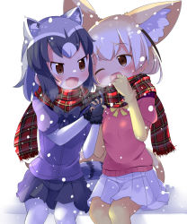 Rule 34 | 10s, 2girls, ;d, animal ears, black gloves, black hair, black neckwear, blonde hair, blush, bow, bowtie, brown eyes, common raccoon (kemono friends), extra ears, fang, fennec (kemono friends), fox ears, fox tail, fur trim, gloves, grey hair, highres, interlocked fingers, kemono friends, makuran, miniskirt, multicolored hair, multiple girls, one eye closed, open mouth, own hands together, pantyhose, pink sweater, plaid, plaid scarf, pleated skirt, raccoon ears, raccoon tail, scarf, shared clothes, shared scarf, short-sleeved sweater, short sleeves, sitting, skirt, smile, snowing, sweater, tail, thighhighs, white background, white hair, white legwear, white skirt, yellow gloves, yellow legwear, yellow neckwear