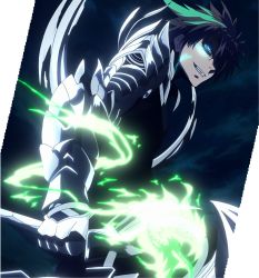 Rule 34 | 10s, 1boy, armor, blue eyes, brown hair, glowing, glowing eyes, highres, male focus, night, screencap, shinmai maou no testament, smile, solo, standing, stitched, sword, third-party edit, toujou basara, weapon
