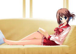 Rule 34 | 00s, 1girl, barefoot, book, bow, bowtie, couch, folded ponytail, full body, indoors, komaki manaka, long sleeves, looking at viewer, open book, pink shirt, pleated skirt, reclining, red skirt, school uniform, shirt, sitting, skirt, solo, to heart (series), to heart 2, window