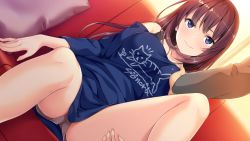 Rule 34 | 1boy, 1girl, ass, bare shoulders, breasts, brown hair, couch, cushion, groping, hand on own thigh, highres, large breasts, long hair, looking at viewer, medium breasts, mishima akari, onaji class no idol-san. around me is full by a celebrity., panties, pov, purple eyes, shorts, sitting, smile, solo focus, unasaka ryou, underwear, white panties