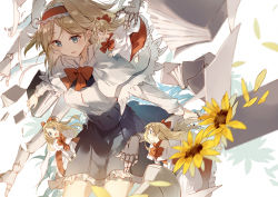 Rule 34 | 1girl, alice margatroid, asuka (louyun), blonde hair, blouse, blue eyes, blue skirt, book, bow, bowtie, capelet, doll joints, flower, hairband, high-waist skirt, holding, holding book, joints, long sleeves, petals, red bow, red bowtie, shanghai doll, shirt, skirt, solo, sunflower, touhou, white background, white shirt