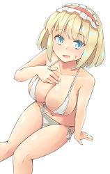 Rule 34 | 1girl, alice margatroid, arnest, bare arms, bare legs, bare shoulders, bikini, blonde hair, blue eyes, blush, breasts, cleavage, collarbone, feet out of frame, hairband, highres, large breasts, lolita hairband, navel, open mouth, red hairband, short hair, simple background, solo, swimsuit, touhou, white background, white bikini