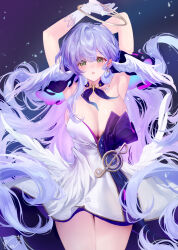 Rule 34 | 1girl, armpits, arms up, blush, breasts, cleavage, cowboy shot, dress, earrings, gloves, gradient background, green eyes, head wings, highres, honkai: star rail, honkai (series), jewelry, large breasts, long hair, looking at viewer, necklace, obiwan, parted lips, purple hair, robin (honkai: star rail), signature, solo, star (symbol), star earrings, very long hair, weisuoxin, white gloves, wings