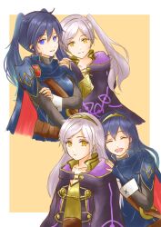 Rule 34 | 2girls, alternate hairstyle, armor, black coat, blue cape, blue eyes, blue gloves, blue hair, brand of the exalt, cape, closed mouth, coat, commentary request, fingerless gloves, fire emblem, fire emblem awakening, gloves, hair between eyes, hair down, hairstyle switch, hand on another&#039;s shoulder, highres, long hair, long sleeves, looking at viewer, lucina (fire emblem), mother and daughter, moverabbit0305, multiple girls, multiple views, nintendo, open mouth, parted lips, red cape, robin (female) (fire emblem), robin (fire emblem), shoulder armor, smile, symbol in eye, tiara, twintails, two-tone cape, upper body, white hair, yellow eyes