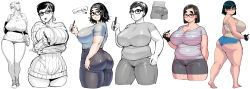 Rule 34 | 6+girls, absurdres, black-framed eyewear, black hair, breasts, cleavage, commentary request, curvy, dolphin shorts, earrings, glasses, highres, huge breasts, jewelry, mole, mole above mouth, mole on ass, multiple girls, original, pen, pursed lips, ribbed sweater, self-portrait, short hair, shorts, simple background, sweater, synecdoche, thick thighs, thighs, white background