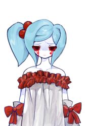 blood bloody_tears blue_hair bow colored_sclera colored_skin detached_sleeves dress faroja hair_bobbles hair_ornament heartlovepowertemple non-web_source off-shoulder_dress off_shoulder official_art rabbitmaidensoftworks red_bow red_eyes red_sclera sad side_ponytail sprite transparent_background variant_set white_skin yogurt200