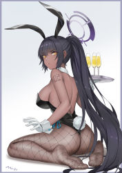 Rule 34 | 1girl, absurdres, animal ears, arms behind back, artist name, ass, backless leotard, bare back, bare shoulders, black hair, black headband, black leotard, blue archive, breasts, cup, curvy, dark-skinned female, dark skin, detached collar, drinking glass, fake animal ears, feet, fishnet pantyhose, fishnets, from behind, full body, gloves, hair between eyes, halo, headband, highleg, highleg leotard, highres, holding, holding tray, huge ass, karin (blue archive), karin (bunny) (blue archive), leotard, long hair, looking back, mato kuroi, no shoes, numbered, open mouth, pantyhose, parted lips, playboy bunny, ponytail, rabbit tail, seiza, shiny clothes, shiny skin, sideboob, sidelocks, simple background, sitting, soles, solo, strapless, strapless leotard, tail, thighs, thong leotard, toes, tray, very long hair, white background, white gloves, wide hips, wine glass, wrist cuffs, yellow eyes