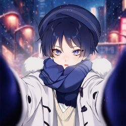 Rule 34 | 1boy, alternate costume, beret, blue eyes, blue hair, blue hat, blue scarf, blush, genshin impact, hat, highres, jacket, lamp, looking at viewer, male focus, open mouth, scaramouche (genshin impact), scarf, short hair, snow, solo, sweater vest, w02 14, white jacket