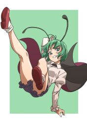 Rule 34 | 1girl, absurdres, antennae, black cape, blue shorts, border, cape, collared shirt, commentary, full body, green background, green eyes, green hair, gyouza (mhea5724), handstand, highres, juliet sleeves, legs, long sleeves, looking at viewer, one arm handstand, puffy sleeves, red footwear, shirt, short hair, shorts, simple background, smile, socks, solo, teeth, touhou, white border, white socks, wriggle nightbug