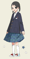 Rule 34 | 1girl, blazer, highres, jacket, kneehighs, kumanoi (nichols), long hair, original, school uniform, simple background, skirt, socks, solo, white socks