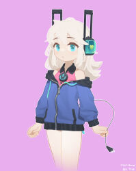 Rule 34 | 1girl, aqua eyes, bare legs, bkbbkbkk, blue jacket, borrowed character, cable, commentary, dated, digitan (porforever), drawstring, electric plug, electric plug tail, english commentary, headphones, heart, highres, jacket, long hair, long sleeves, looking at viewer, no pants, off shoulder, original, outline, pink shirt, power symbol, purple background, shirt, simple background, sleeveless, sleeveless shirt, solo, tail, white hair, white outline, wing collar, zipper, zipper pull tab