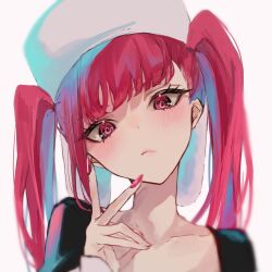 Rule 34 | 1girl, bleach, blunt bangs, blush, close-up, closed mouth, collarbone, commentary request, dokugamine riruka, eyelashes, fingernails, frown, hand up, head tilt, highres, lips, long fingernails, looking at viewer, nail polish, red eyes, red hair, red nails, simple background, solo, straight hair, tsurime, twintails, ui 1231, v, white background, white headwear