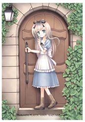 Rule 34 | 1girl, apron, blonde hair, boots, day, door, dress, full body, green eyes, hairband, hand on own hip, plant, plastic moon, ribbon, solo, standing