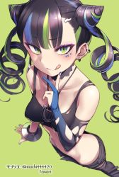 Rule 34 | 1girl, baken, bknchannel, black hair, black shirt, black thighhighs, blouse, blue hair, blue nails, closed mouth, drill hair, earrings, elbow gloves, facial mark, fingernails, gloves, green background, green hair, green nails, hair ornament, jewelry, long hair, mochi (mochi444420), multicolored nails, nail polish, necklace, partially fingerless gloves, shirt, smile, solo, thigh strap, thighhighs, tongue, tongue out, torn clothes, torn gloves, torn shirt, twin drills, virtual youtuber
