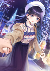 1boy 1girl blue_eyes blush cover cover_image cover_page dokuzetsu_shoujo_wa_amanojaku earrings hair_ornament hairclip highres jacket jewelry long_hair long_skirt long_sleeves looking_at_viewer mirei nanba_yukina night night_sky novel_cover novel_illustration official_art open_clothes open_jacket open_mouth outdoors purple_hair purple_skirt skirt sky sleeveless sleeveless_sweater solo_focus sweater turtleneck turtleneck_sweater white_sweater yellow_jacket