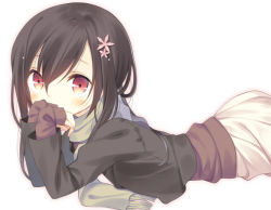 Rule 34 | 1girl, arm support, black hair, black jacket, blush, brown shirt, commentary request, covering own mouth, enpera, flower, from side, hair between eyes, hair flower, hair ornament, hair over shoulder, jacket, long hair, long sleeves, looking at viewer, lying, on stomach, original, red eyes, scarf, shirt, simple background, skirt, sleeves past wrists, solo, white background, white skirt, yuizaki kazuya