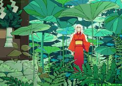 Rule 34 | 1girl, dated, day, highres, hyperbencher, japanese clothes, kimono, leaf, long hair, moss, original, outdoors, plant, potted plant, red eyes, red kimono, rock, scenery, solo, tree, water, white hair, wide shot, wide sleeves