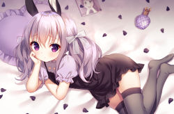 Rule 34 | 1girl, animal ears, arm support, bed sheet, black dress, blush, bow, chitosezaka suzu, closed mouth, commentary request, dress, frilled dress, frilled pillow, frills, grey thighhighs, hair between eyes, hair bow, heart, heart-shaped pillow, long hair, looking at viewer, no shoes, original, petals, pillow, puffy short sleeves, puffy sleeves, purple eyes, purple hair, purple shirt, rabbit ears, shirt, short sleeves, sleeveless, sleeveless dress, solo, thighhighs, twintails, white bow