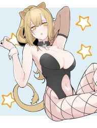 Rule 34 | 1girl, alternate costume, animal ears, arknights, arm up, between breasts, black leotard, black pantyhose, blonde hair, blue background, blush, breasts, cleavage, commentary, detached collar, fishnet pantyhose, fishnets, hair between eyes, hjl (15623862639), large breasts, leotard, lion ears, lion tail, long hair, looking at viewer, midriff, navel, open mouth, pantyhose, ponytail, siege (arknights), simple background, sitting, solo, star (symbol), tail, thighs, white neckwear, wrist cuffs, yellow eyes
