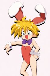 Rule 34 | 1girl, animal ears, blonde hair, bow, bowtie, contrapposto, drop shadow, fake animal ears, fake tail, feet out of frame, flat chest, hand on own hip, keio flying squadron, keiou yuugekitai, leotard, nanahikari rami, non-web source, open mouth, outstretched arm, photoshop (medium), playboy bunny, pointing, pointing down, rabbit ears, red leotard, short hair, simple background, solo, strapless, strapless leotard, tail, wrist cuffs