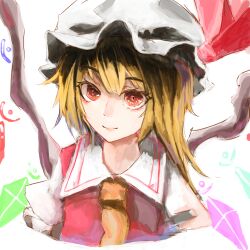 Rule 34 | 1girl, aruto2498, ascot, blonde hair, closed mouth, collared shirt, flandre scarlet, frilled sleeves, frills, hair between eyes, hat, light smile, looking at viewer, medium hair, mob cap, multicolored wings, puffy short sleeves, puffy sleeves, red eyes, shirt, short sleeves, solo, touhou, upper body, white hat, white shirt, wings, yellow ascot