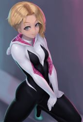 Rule 34 | 1girl, animification, aqua footwear, asymmetrical hair, ballet slippers, black bodysuit, blonde hair, blue eyes, bodysuit, breasts, closed mouth, commentary request, gwen stacy, hands on own thighs, highres, hood, hood down, hooded bodysuit, leg up, looking at viewer, marvel, ranma (kamenrideroz), short hair, skin tight, small breasts, smile, solo, spider-gwen, spider-man: into the spider-verse, spider-man (series), spider-verse, spider web print, superhero costume, undercut