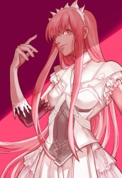 Rule 34 | 1girl, breasts, closed mouth, dress, elbow gloves, fate/grand order, fate (series), floating hair, frilled dress, frilled sleeves, frills, gloves, highres, kuzen, layered gloves, long hair, looking at viewer, medb (fate), medium breasts, pink background, pink hair, short sleeves, simple background, smile, solo, tiara, white dress, white gloves, yellow eyes