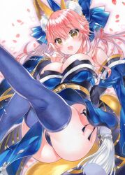 Rule 34 | 1girl, :d, animal ear fluff, animal ears, bare shoulders, black panties, blue bow, blue dress, blue ribbon, blue thighhighs, blush, bow, breasts, cleavage, commentary request, curvy, detached sleeves, dress, eyes visible through hair, falling petals, fang, fate/grand order, fate (series), feet out of frame, floating clothes, floating hair, fox ears, fox girl, fox shadow puppet, fox tail, hair between eyes, hair bow, hair ribbon, hand up, happy, knees together feet apart, large breasts, legs, long hair, long sleeves, looking at viewer, marker (medium), nordic niku, open mouth, panties, panty peek, petals, pink hair, ribbon, short dress, side-tie panties, sidelocks, simple background, skin fang, smile, solo, strapless, strapless dress, tail, tamamo (fate), tamamo no mae (fate/extra), thighhighs, thighs, traditional media, twintails, twitter username, underwear, white background, white tassel, wide sleeves, yellow eyes
