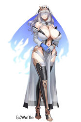 Rule 34 | 1girl, blindfold, boots, breasts, cleavage, eden&#039;s ritter grenze, highres, holding hands, huge breasts, kageshio (276006), large breasts, light smile, long hair, navel, open clothes, partially undressed, smile, solo, standing, thighs, veil, white hair, wide hips