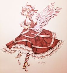 Rule 34 | 1girl, adapted costume, ahoge, animal ears, bird ears, bird wings, blush, brown dress, brown thighhighs, dress, egret, feathered wings, frilled dress, frills, full body, hair between eyes, highres, long sleeves, mystia lorelei, open mouth, pink eyes, pink hair, short hair, smile, solo, thighhighs, touhou, traditional media, twitter username, white wings, wings