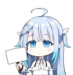 Rule 34 | 1girl, ahoge, amatsuka uto, blue eyes, blue hair, blush, chibi, choker, detached sleeves, dress, hair behind ear, hair ornament, hairclip, highres, holding, holding sign, imosalad, indie virtual youtuber, sign, smile, solo, template, two side up, virtual youtuber, white background, white choker, white dress, wing hair ornament