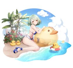 Rule 34 | 1girl, bare arms, bare legs, bare shoulders, beach, bikini, blue bikini, blue footwear, blue sky, blush, bob cut, braid, breasts, catherine (eversoul), cloud, eversoul, fence, flower, frilled bikini, frills, full body, game cg, green hair, hair flower, hair ornament, high heels, highres, innertube, looking at viewer, medium breasts, official alternate costume, official art, plant, red flower, rubber duck, short hair, sitting, sky, smile, solo, stomach, swim ring, swimsuit, tachi-e, thigh strap, thighs, transparent background, wariza, white bikini, white flower, yellow eyes