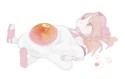 Rule 34 | 1girl, blush, commentary, egg yolk, expressionless, full body, hair ornament, hat, highres, light brown hair, long hair, lying, natori sana, nemuri oekaki, nurse cap, on back, oversized food, oversized object, parted lips, pink eyes, pink footwear, pink hat, rabbit hair ornament, sana channel, simple background, sketch, solo, symbol-only commentary, virtual youtuber, white background